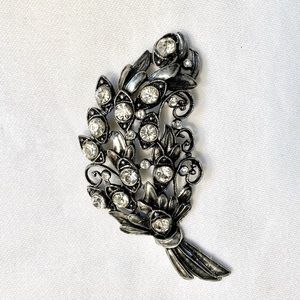 Vintage Black Metal with Rhinestone Leaf Brooch